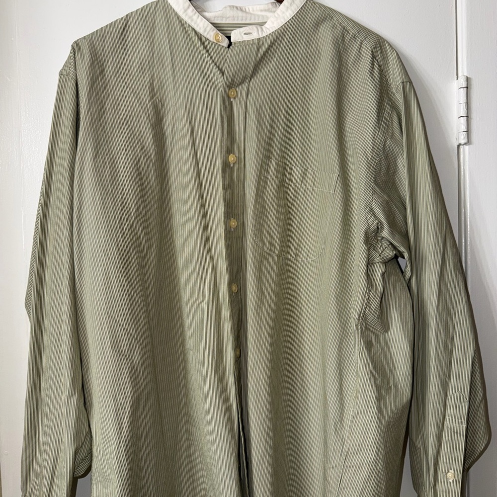 Brooks Brothers Banded Collar Shirt Large Green Stripe Cotton Button Down